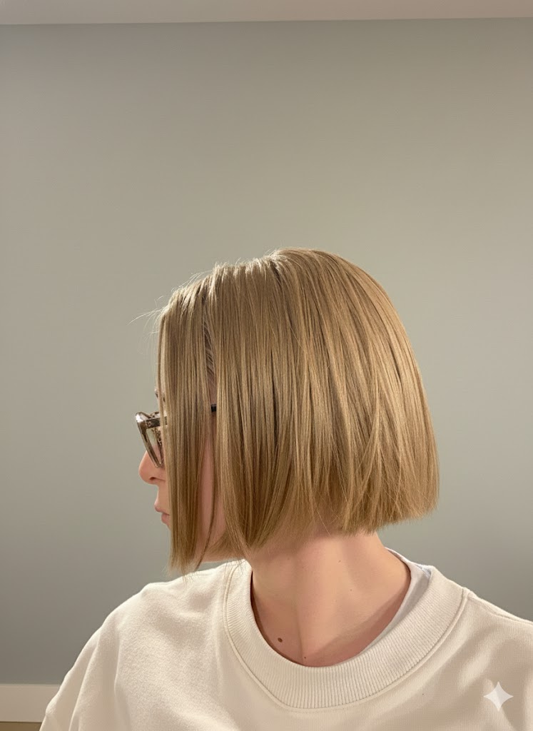 40代女性のショートボブ。白髪染めをやめて明るめカラーに移行した髪型の横向き写真
