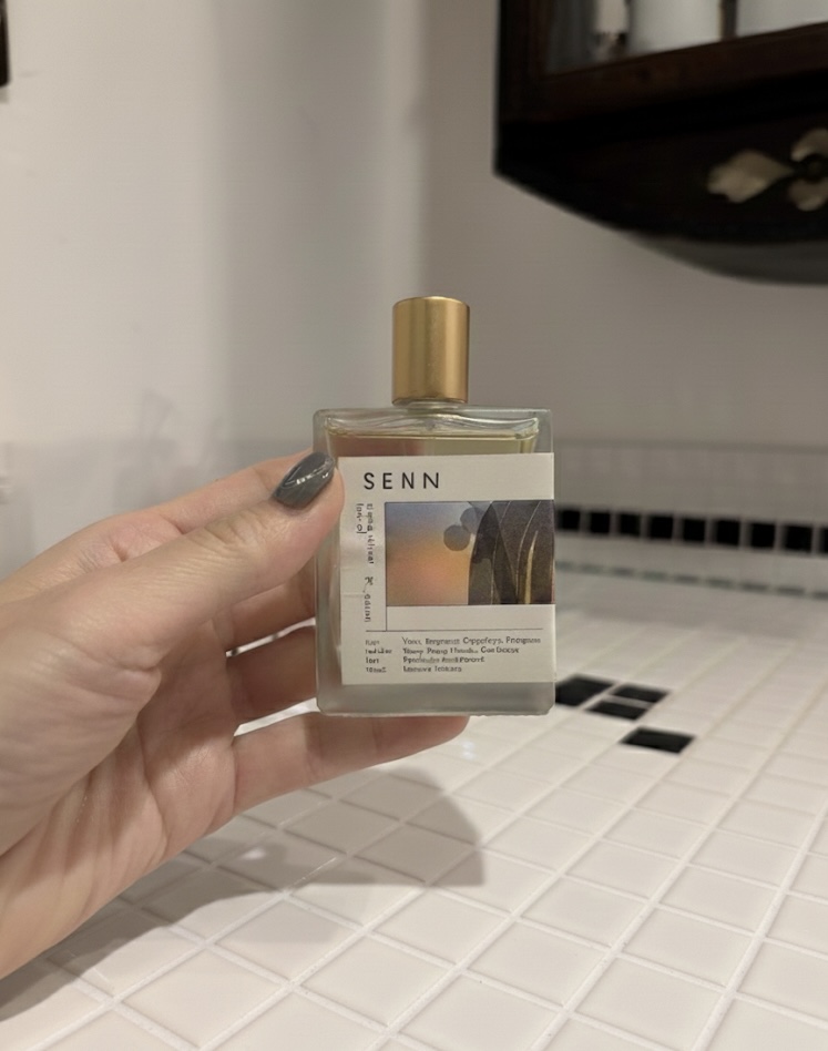 SENNのヘアオイル「実-minori-」のボトルを手に持った写真。香りで気分が整うヘアケアアイテムとして紹介